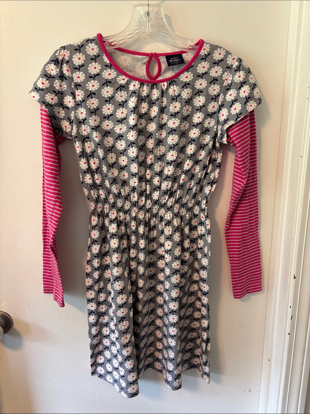 Mini Boden Grey Daisy Dress with Pink Striped Sleeves